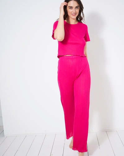 Pointelle Knit T-shirt & Long Pyjama Bottom Set – Raspberry Stripe & Stare®