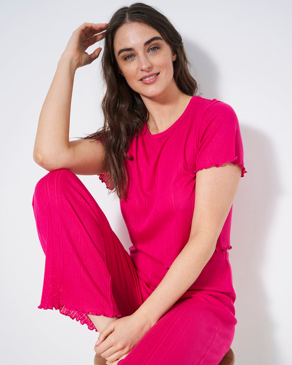 Pointelle Knit Long Pyjama Bottom - Raspberry Stripe & Stare®