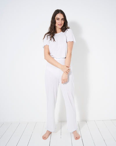 Pointelle Knit T-shirt & Long Pyjama Bottom Set – White Stripe & Stare®