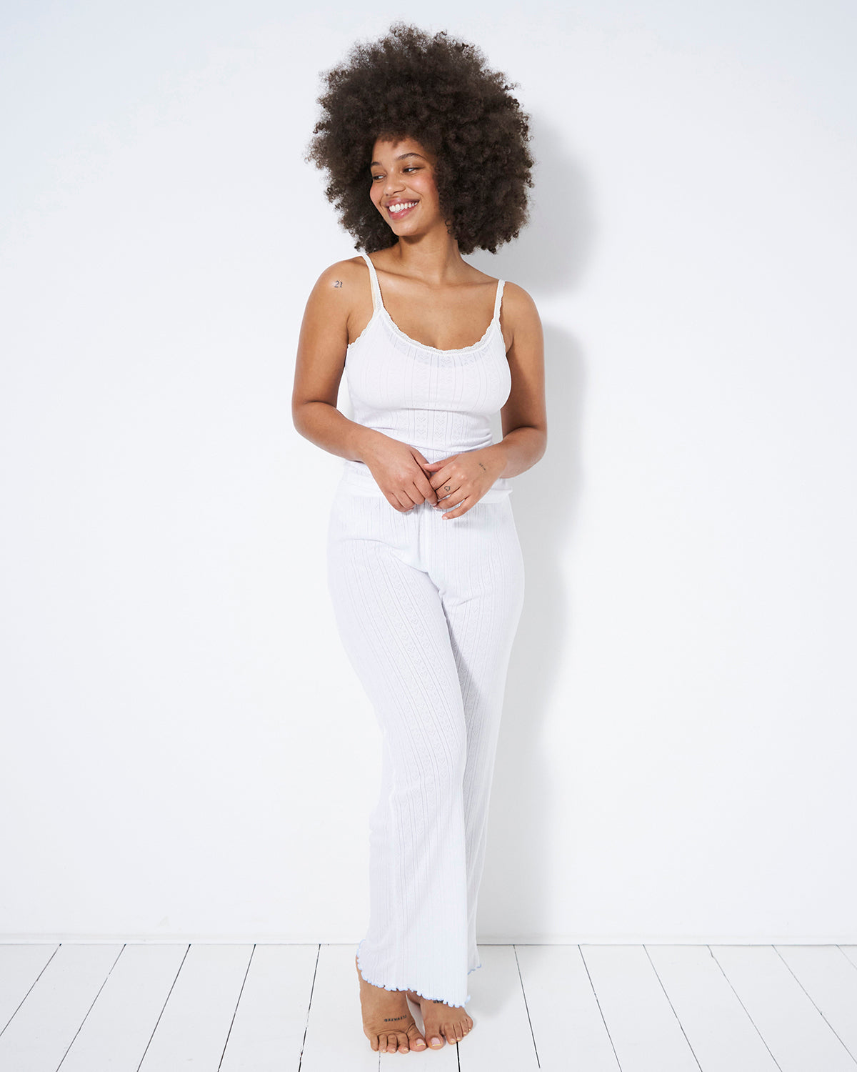 Pointelle Knit Cami Long Pyjama Bottom Set White TENCEL