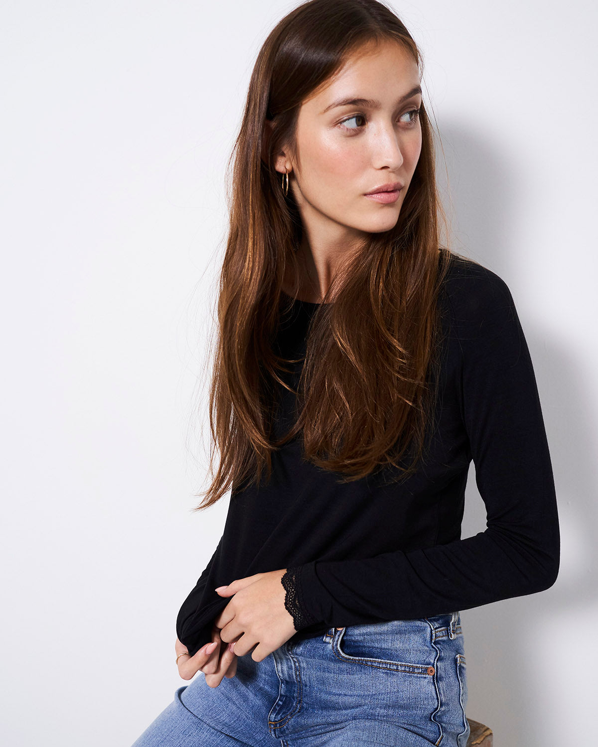 Slouch Top - Black | Sustainable TENCEL™ Long Sleeve Lace Trim Top ...