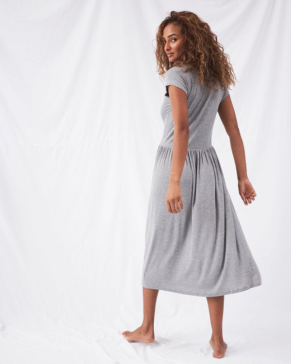 Ribbed Midi T Dress - Grey Stripe & Stare