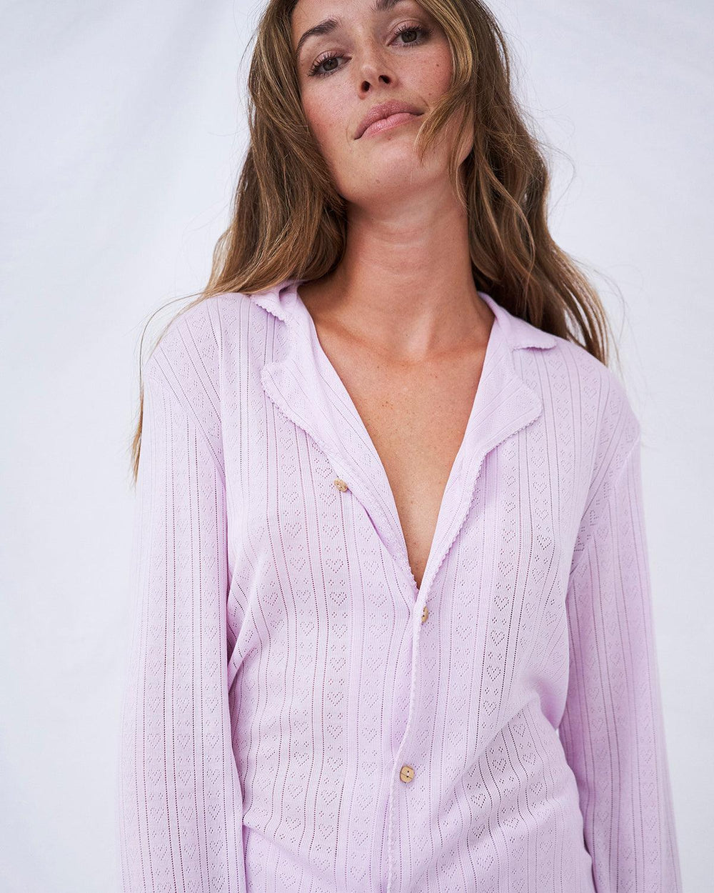 Pointelle Knit Long Pyjama Set - Lilac Stripe & Stare